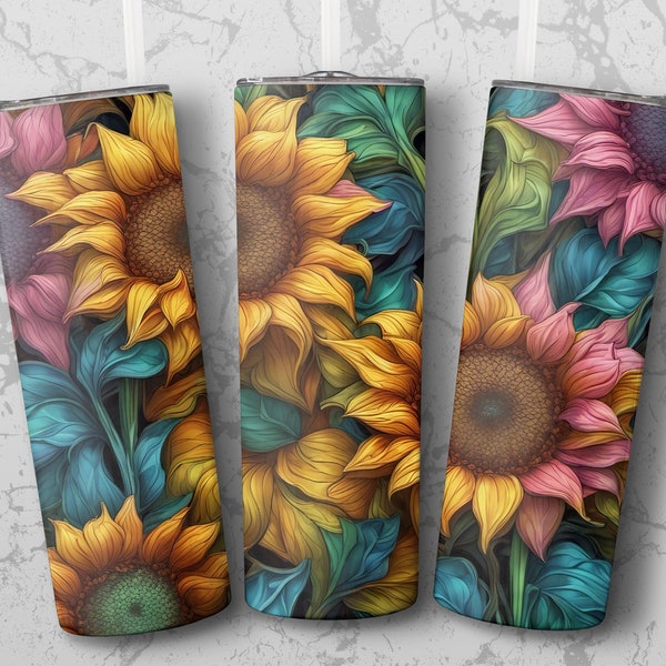 3D Sunflower Daisies 20 oz Straight Tumbler Sublimation Design, Straight & Tapered Wrap, Tumbler Wrap, Tumbler Png, Instant Download