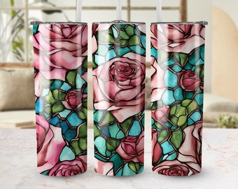 Stained Glass Roses Tumbler Sublimation Design, 20 oz Skinny Wrap (PNG, Instant Download)