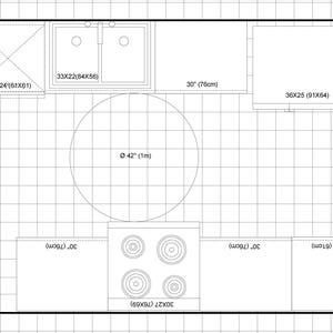 May include: A top-down view of a kitchen layout with measurements in inches and centimeters. The design includes a sink, stove, cabinets, and a round table. Dimensions are provided for each element, such as a 36-inch diameter circle and a 30-inch cabinet.