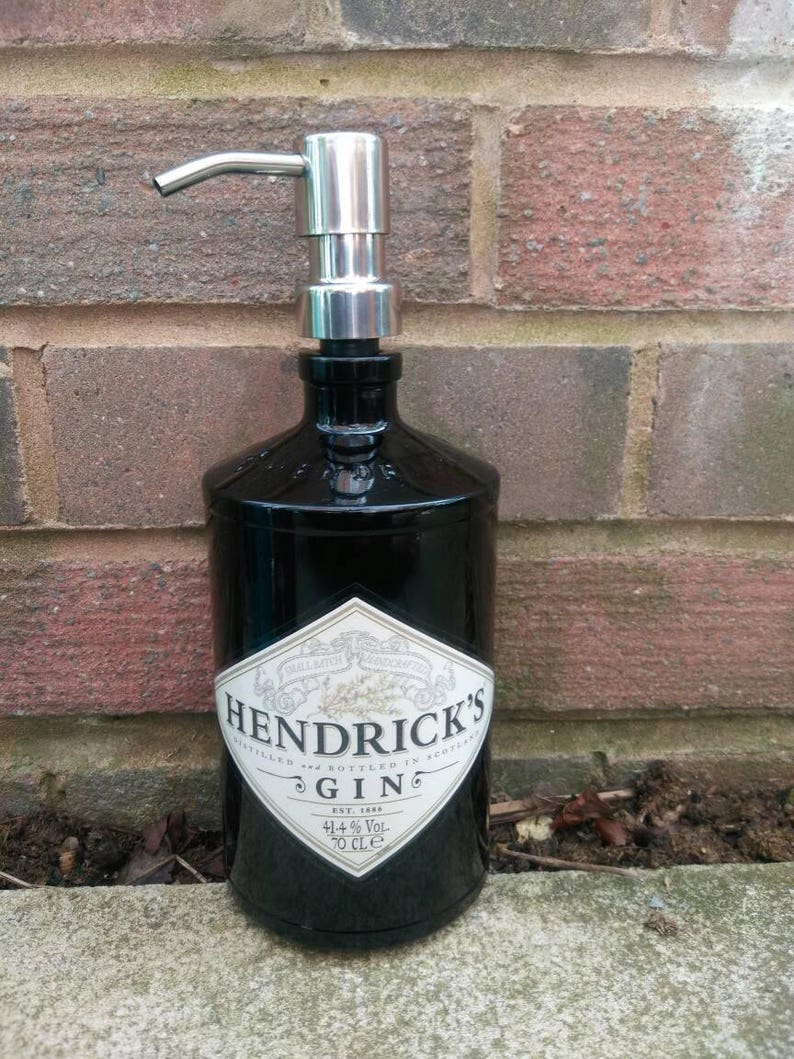 Hendricks 70cl gin bottle soap dispenser with stainless steel pump and water resistant label image 1