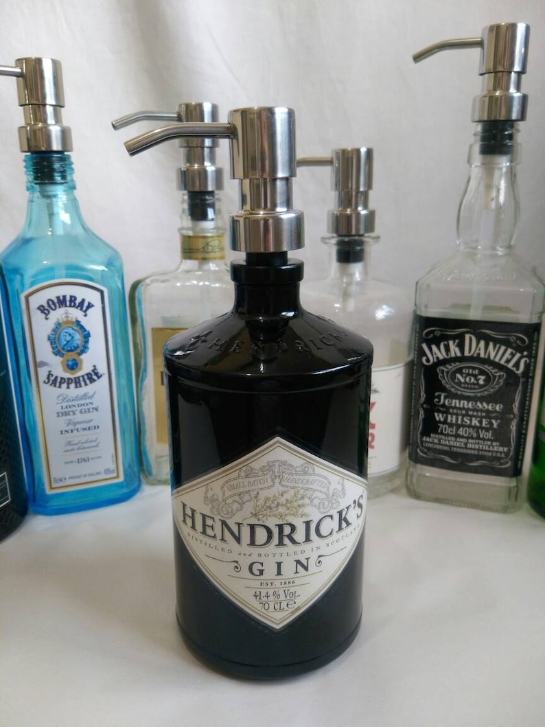 Hendricks 70cl gin bottle soap dispenser with stainless steel pump and water resistant label image 2