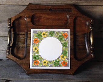 Vintage handled cheese tray with ceramic tile inlay