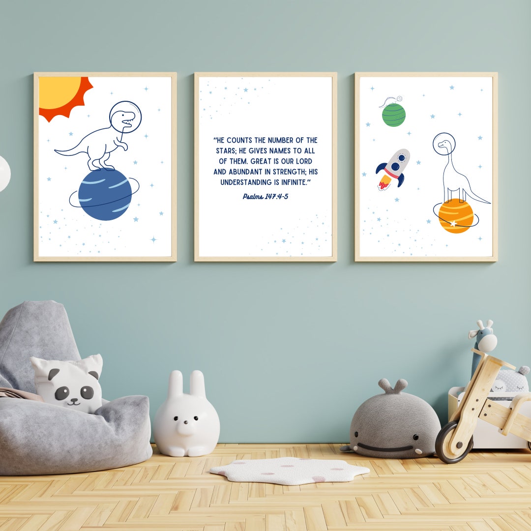 Dinosaurs in Outer Space Printable Wall Art, Psalm 147:4 Bible Verse ...