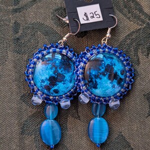 Hand-beaded Moon Cabochon Earrings - Blue