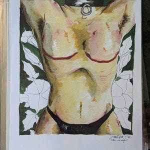May include: Watercolor painting of a person's torso with a black choker and a floral background. The painting is signed "soft. like. ice" and "I bloom at night".