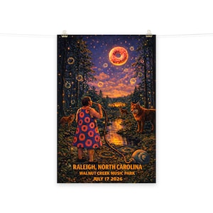 May include: A vertical poster featuring a person in a donut-patterned dress holding a hose connected to a large snail in a forest at night. A giant donut moon glows in the sky above text reading RALEIGH, NORTH CAROLINA WALNUT CREEK MUSIC PARK JULY 17 2026.