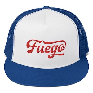 May include: A white and blue trucker hat with a red embroidered logo that says "Fuego".