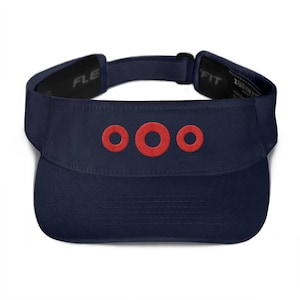 May include: Navy blue visor with a red embroidered "OOO" logo. The visor has an adjustable strap with a buckle.
