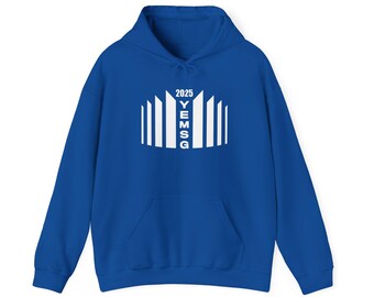 May include: A royal blue hoodie with a front pocket and a drawstring hood. The front of the hoodie features a white graphic with the year "2025" above the letters "YEMSG". This casual sweatshirt is perfect for everyday wear.