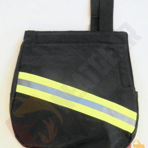 May include: Black utility pouch with a yellow and silver reflective stripe. The pouch has a loop on the top for hanging.
