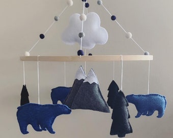 Bear Pine Trees Mountains Clouds Baby Crib Mobile Nursery Decor (Blue, Black, Heather Grey)