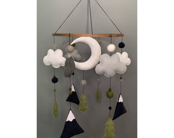 Woodland Theme Baby Mobile (Pine-trees, Clouds, Crescent Moon and Snowy Mountains (Crib or Nursery Decor)
