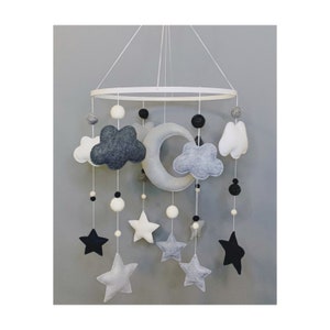 Crescent Moon Clouds Stars Baby Crib Mobile Nursery Decor (Grey, White, Navy)