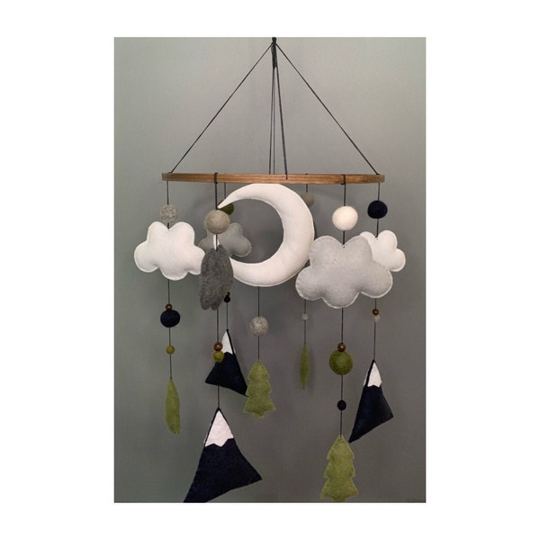 Woodland Theme Baby Mobile (Pine-trees, Clouds, Crescent Moon and Snowy Mountains (Crib or Nursery Decor)