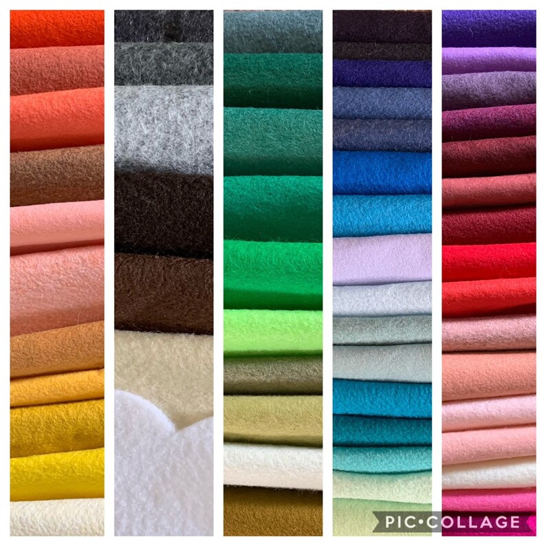 K&ouml;nnte beinhalten: Eine Sammlung von Filzstoffproben in verschiedenen Farben, darunter Rot, Orange, Gelb, Gr&uuml;n, Blau, Lila, Braun und Wei&szlig;. Der Filz ist in Stapeln angeordnet, wobei jeder Stapel eine andere Farbe zeigt.