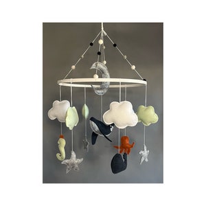 Whale Baby Mobile (Seahorse, Starfish, Octopus, Clouds, Crescent Moon Crib or Nursery Decor) Navy, Orange, Mint, Gray