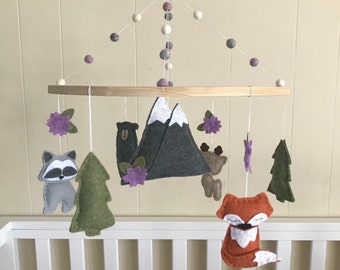 Woodland Animals Baby Mobile (Pine-trees, Flowers, and Snowy Mountains) Crib or Nursery Decor