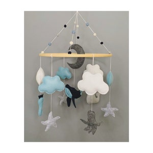 Whale Baby Mobile (Seahorse, Starfish, Octopus, Clouds, Crescent Moon, Crib or Nursery Decor) - Navy, Blue, Gray