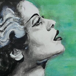 May include: A black and white watercolour painting of a woman's face with her head tilted back and her eyes closed. The background is a green watercolour wash.