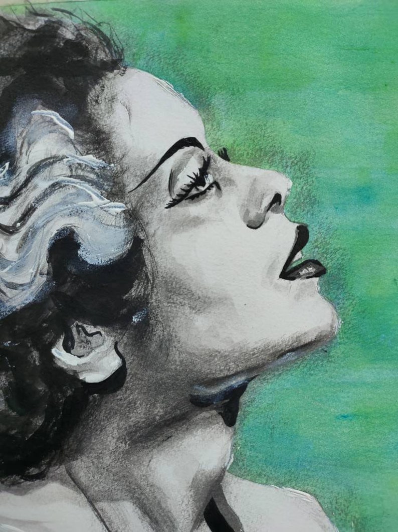 May include: A black and white watercolour painting of a woman's face with her head tilted back and her eyes closed. The background is a green watercolour wash.