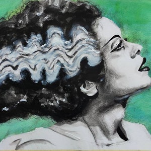 May include: A black and white watercolour painting of a woman with a green background. The woman has a hairstyle that resembles the iconic hairstyle of the Bride of Frankenstein. Her hair is styled in a series of waves and is partially white.