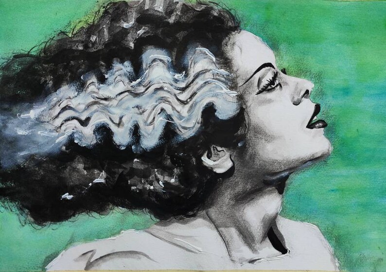 May include: A black and white watercolour painting of a woman with a green background. The woman has a hairstyle that resembles the iconic hairstyle of the Bride of Frankenstein. Her hair is styled in a series of waves and is partially white.