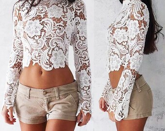 Women Lace Floral Shirt Casual Loose O Neck Long Sleeve Ladies Tops Pullover Blouse Elegant Clothes