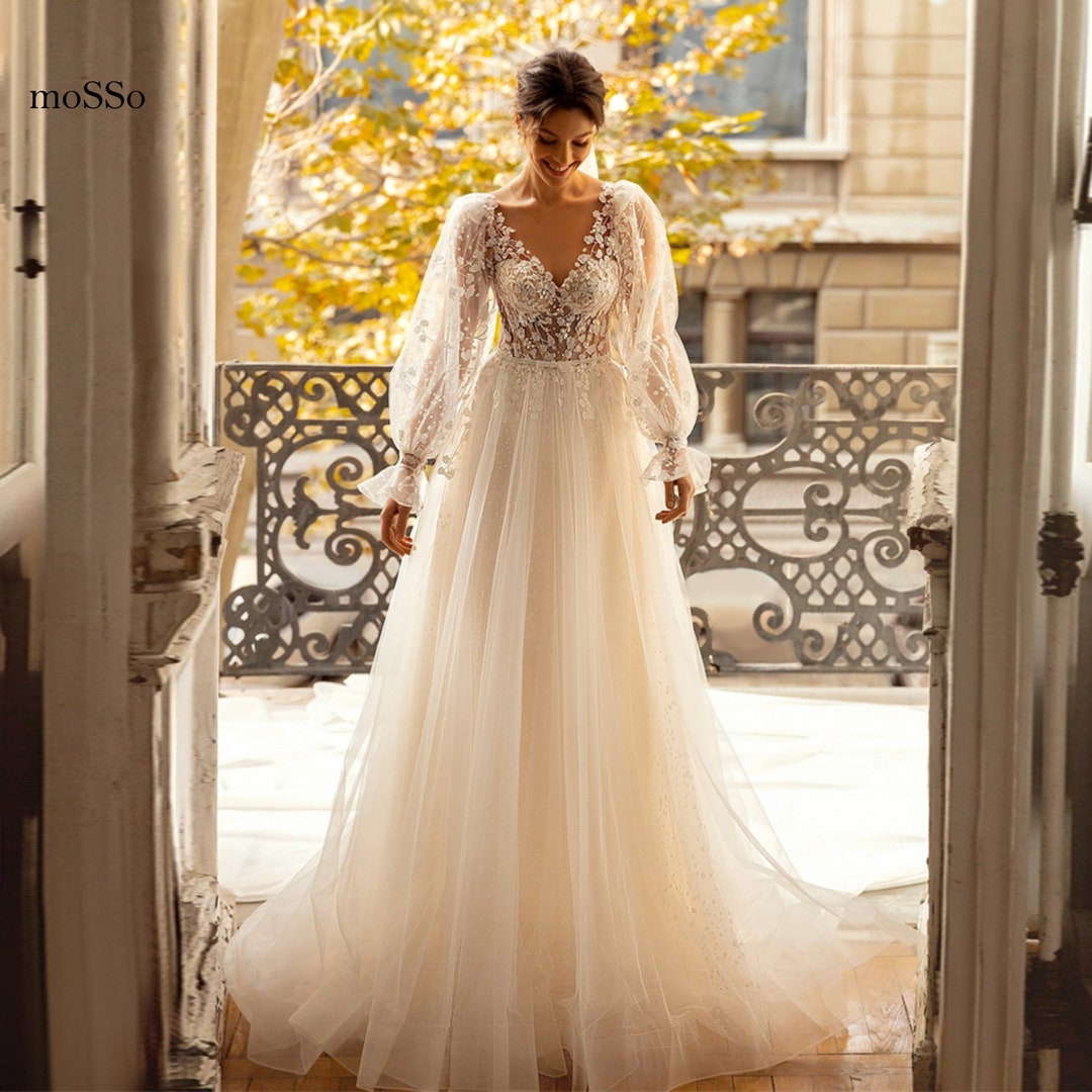 Unique Floral Lace Wedding Dress Romantic Princess Bridal - Etsy