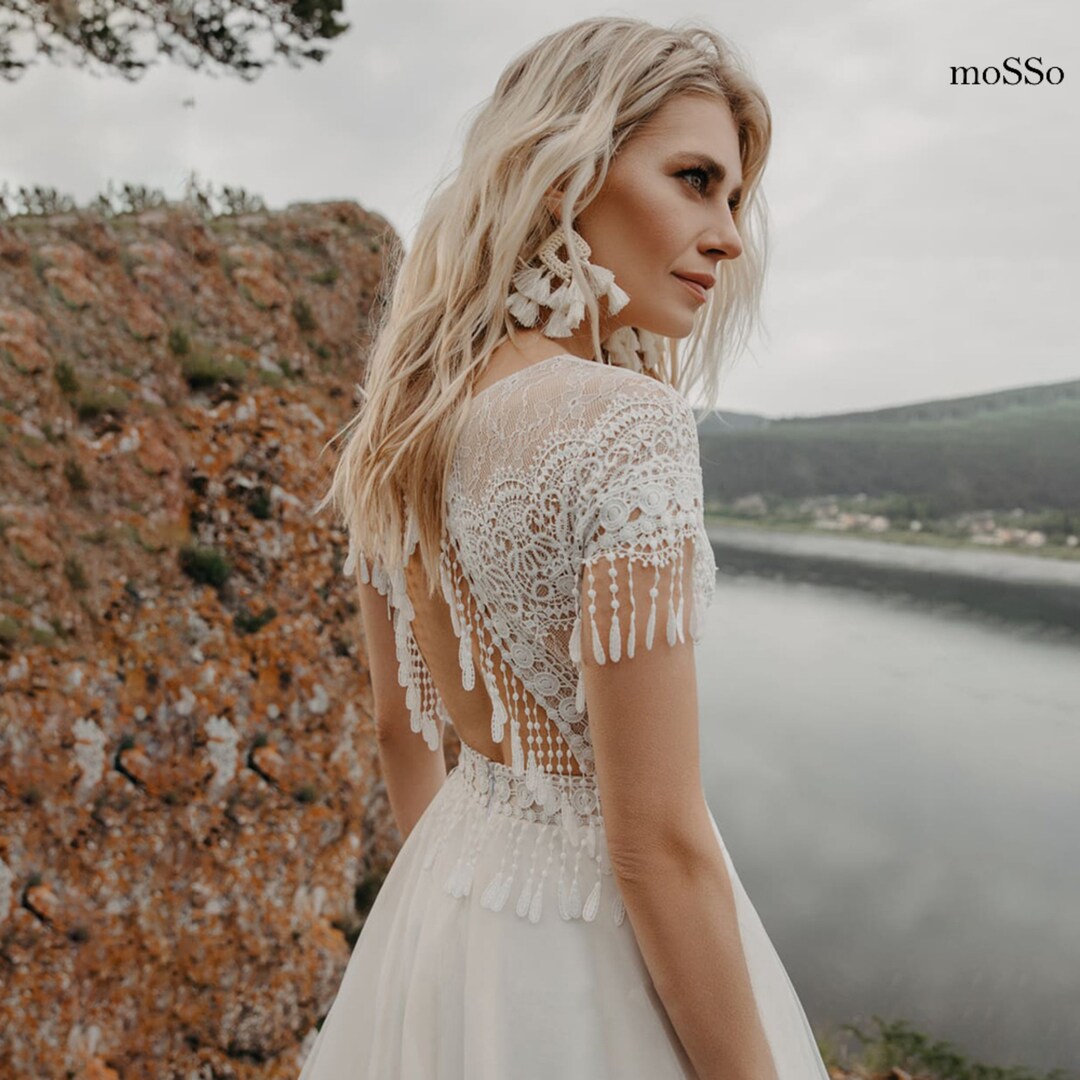 Boho Lace Tassel Wedding Dress Custommade Aline Bridal Etsy