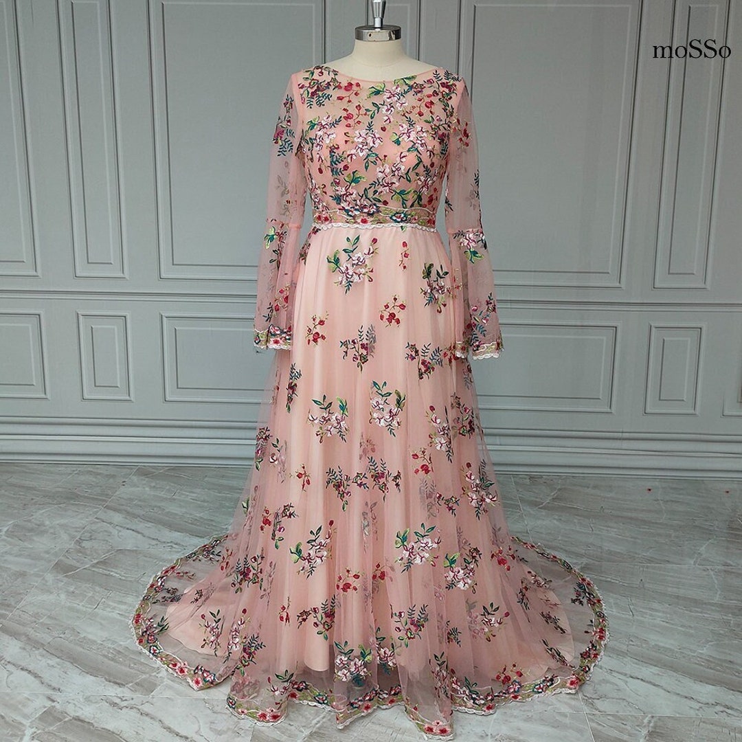 Floral Embroidery Aline Bridal Gown Colorful Boho Bell Etsy