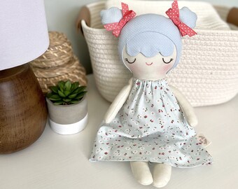 Handmade Fabric Doll: Blue Floral Dress, Heirloom Gift