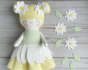 Handmade Daisy Fabric Doll: Heirloom Cotton Toy, First Doll Gift