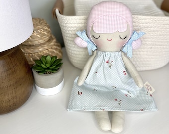 Handmade Fabric Doll, Heirloom doll, Toddler Fabric Doll, Girl First Doll, Girl Birthday Gift, Pink Cloth doll, Blue Pink Nursery Decor