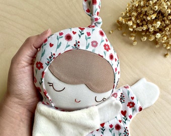 Personalized Baby Doll Lovey Blanket: Floral Cotton Minky Security Blanket, Embroidered Face