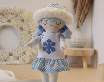 Handmade Heirloom Fabric Doll: Winter Bonnet, Snowflake Dress