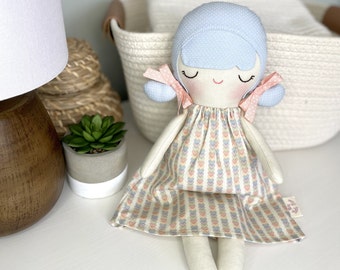 Handmade Fabric Doll, Heirloom doll, Toddler Fabric Doll, Girl First Doll, Girl Birthday Gift, Blue Cloth doll, Blue Pink Nursery Decor