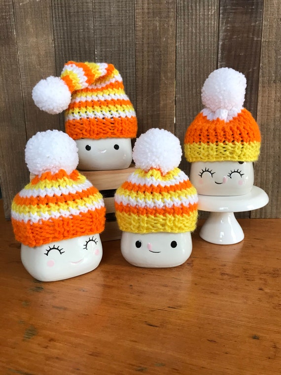 Candy Corn Marshmallow Mug Hats, Home Decor, Fall Decorations, Knit Fall Hats, Tier Tray Decor, Autumn Decor, Candy Corn Inspired Decor