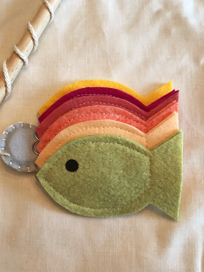 May include: A felt rainbow fish toy with a green body, black eye, and a rainbow tail made of layered felt in shades of yellow, orange, red, and pink.