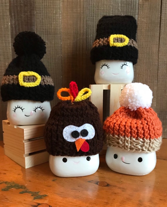 Thanksgiving Marshmallow Mug Hats, Thanksgiving Tier Tray Decor, Fall Knitted Farmhouse Decor, HarvestDecor, Pumpkin Decorations for Home