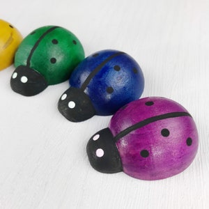 May include: Four wooden ladybugs painted in different colors: yellow, green, blue, and purple. Each ladybug has black spots and a black line down the center of its back.