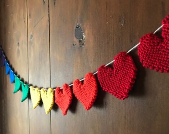 Hand Knit Rainbow Heart Banner, Rainbow Party Decoration, Rainbow Baby Shower, Crochet Gifts, Handmade Valentine Decor