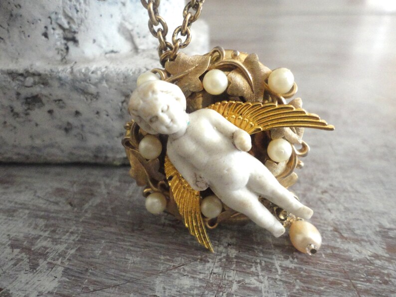Bohemian Angel Necklace Heart Assemblage Necklace Assemblage Necklace Boho Upcycled Angel Locket Necklace Frozen Charlotte Heart Locket