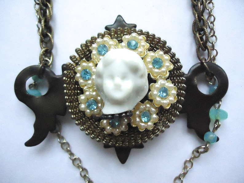 Frozen Charlotte Arty Necklace Found Objects Assemblage Necklace Upcycled Jewelry Steampunk Victorian Ornate Unusual Statement Necklace