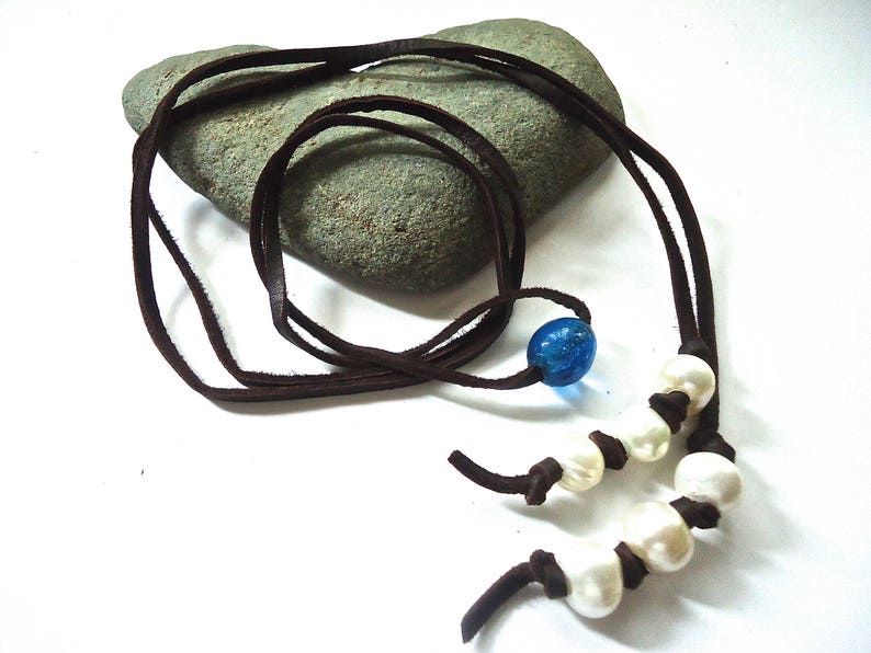 Leather Wrap Bracelet Beach Necklace Casual Bohemian Rustic Hippie Pearl and Bead Jewelry Boho Wrap Necklace Leather and Pearl Necklace