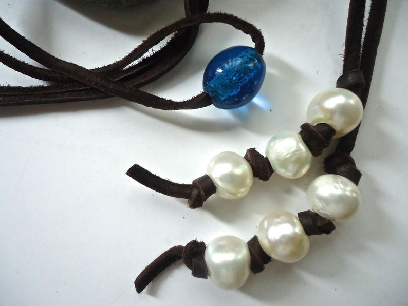 Leather Wrap Bracelet Beach Necklace Casual Bohemian Rustic Hippie Pearl and Bead Jewelry Boho Wrap Necklace Leather and Pearl Necklace
