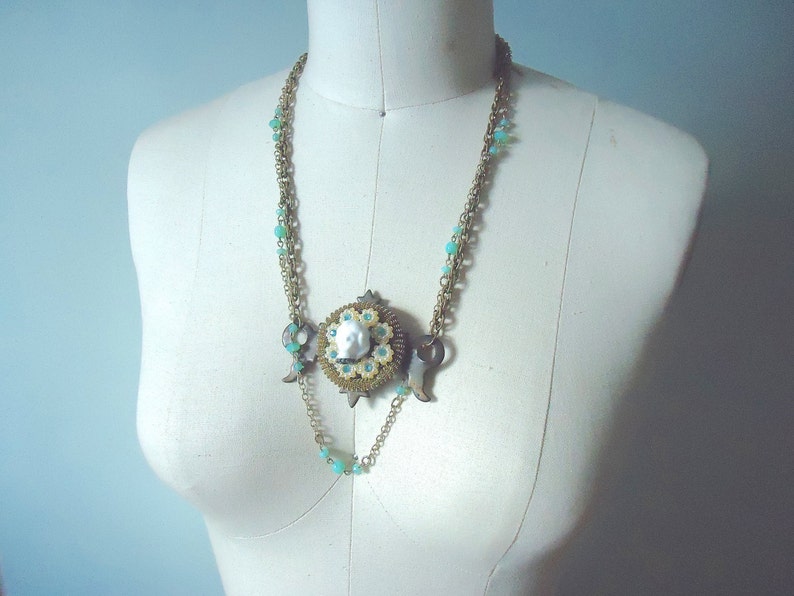Frozen Charlotte Arty Necklace Found Objects Assemblage Necklace Upcycled Jewelry Steampunk Victorian Ornate Unusual Statement Necklace