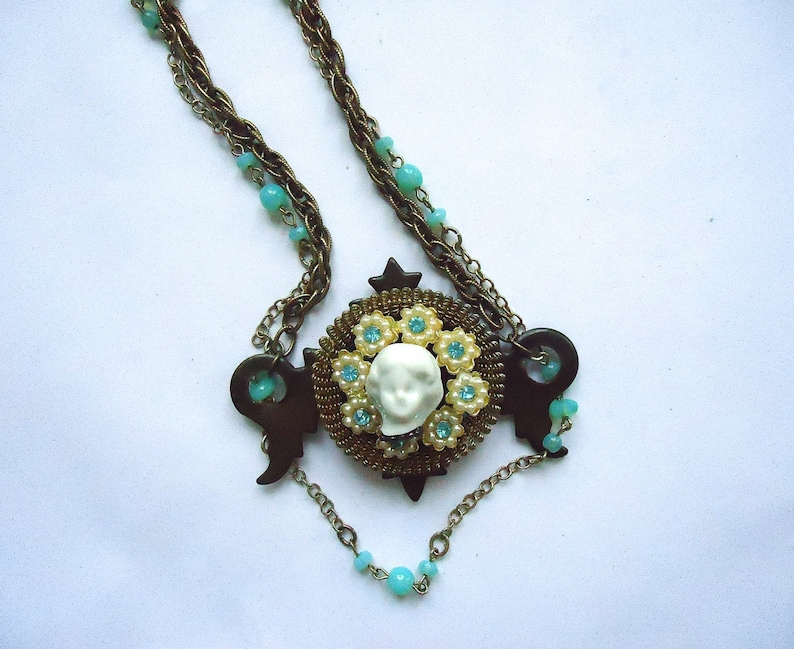 Frozen Charlotte Arty Necklace Found Objects Assemblage Necklace Upcycled Jewelry Steampunk Victorian Ornate Unusual Statement Necklace