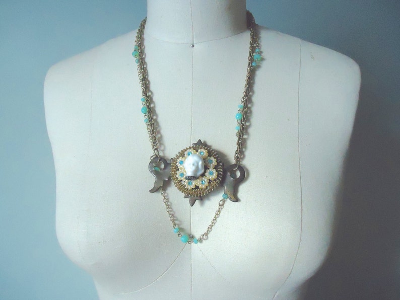 Frozen Charlotte Arty Necklace Found Objects Assemblage Necklace Upcycled Jewelry Steampunk Victorian Ornate Unusual Statement Necklace