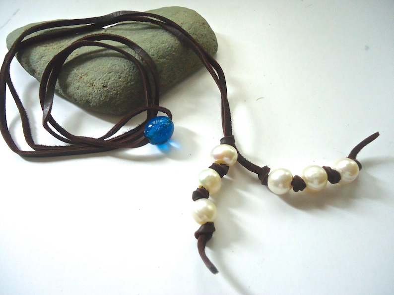 Leather Wrap Bracelet Beach Necklace Casual Bohemian Rustic Hippie Pearl and Bead Jewelry Boho Wrap Necklace Leather and Pearl Necklace