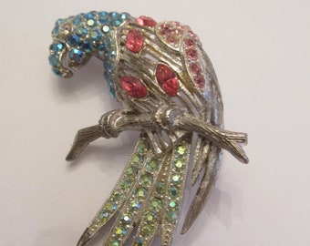 Stunning Signed Thelma Deutsch Big Chunky Colorful Rhinestone Parrot Brooch